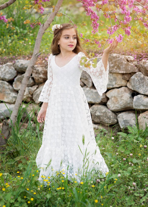 Bell Sleeves Ivory Polka Dot Lace Floor Length Flower Girl Dress
